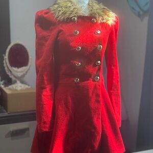 Military Design Red Coat with Faux Fur Collar